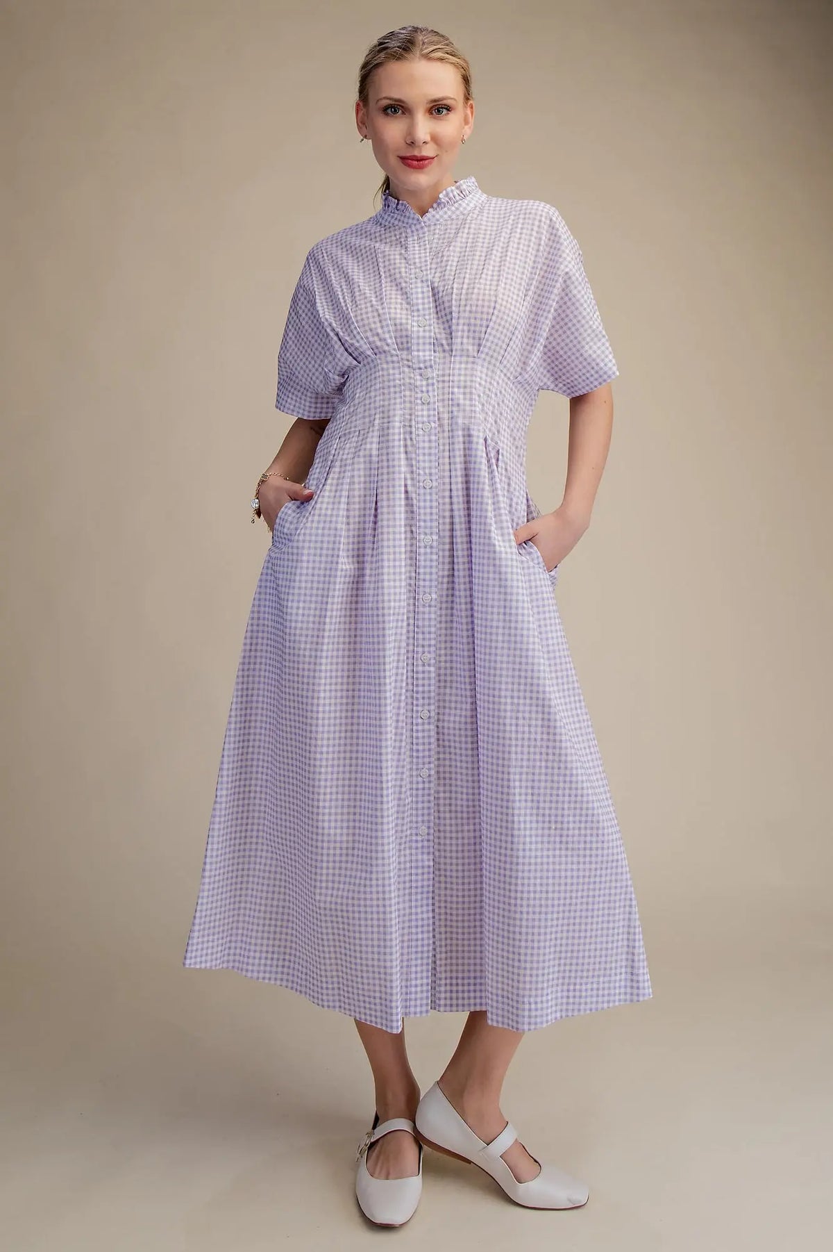 Purple Gingham Cinched Waist Midi Dress - Kendry Collection Boutique