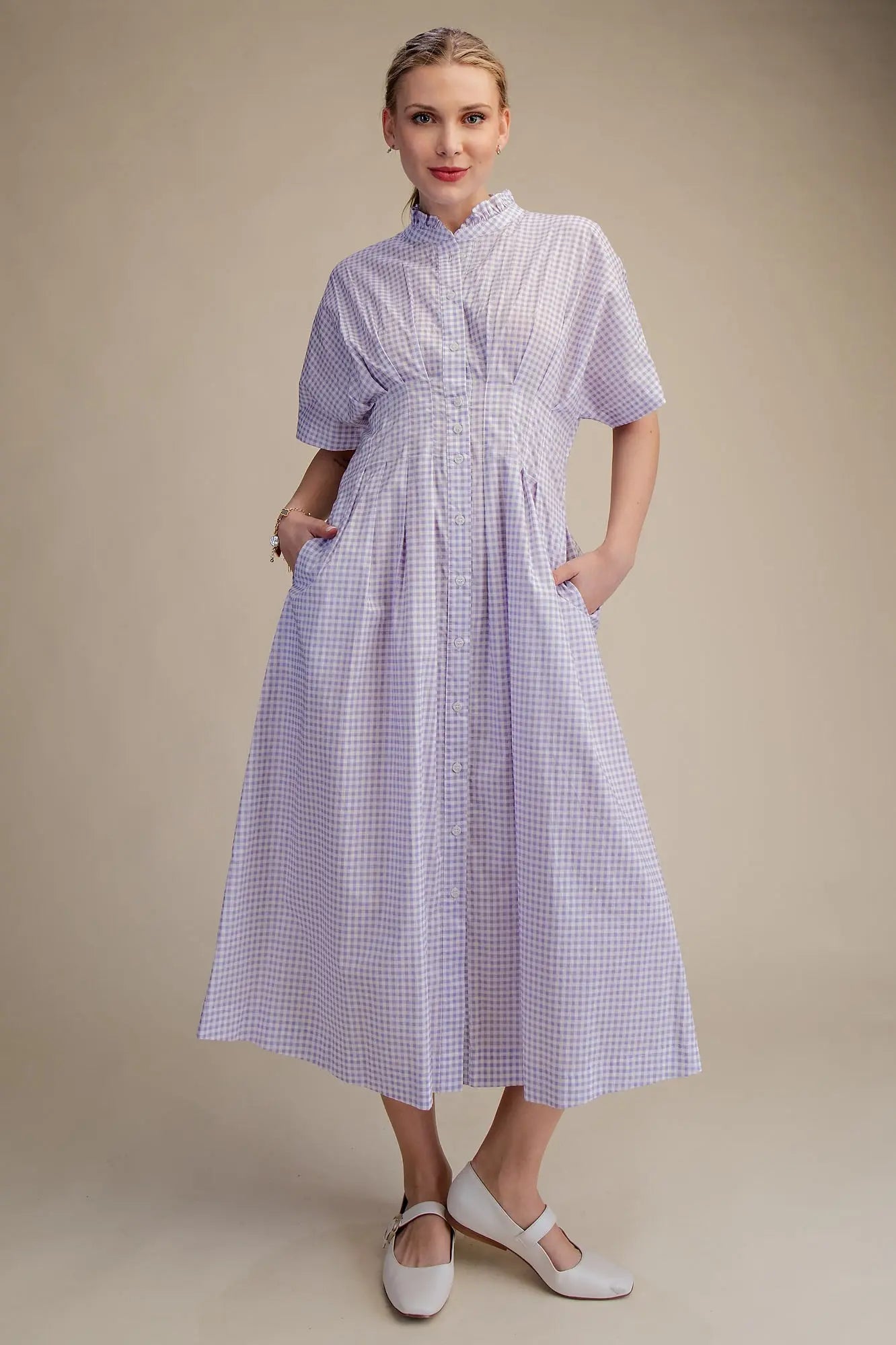 Purple Gingham Cinched Waist Midi Dress - Kendry Collection Boutique