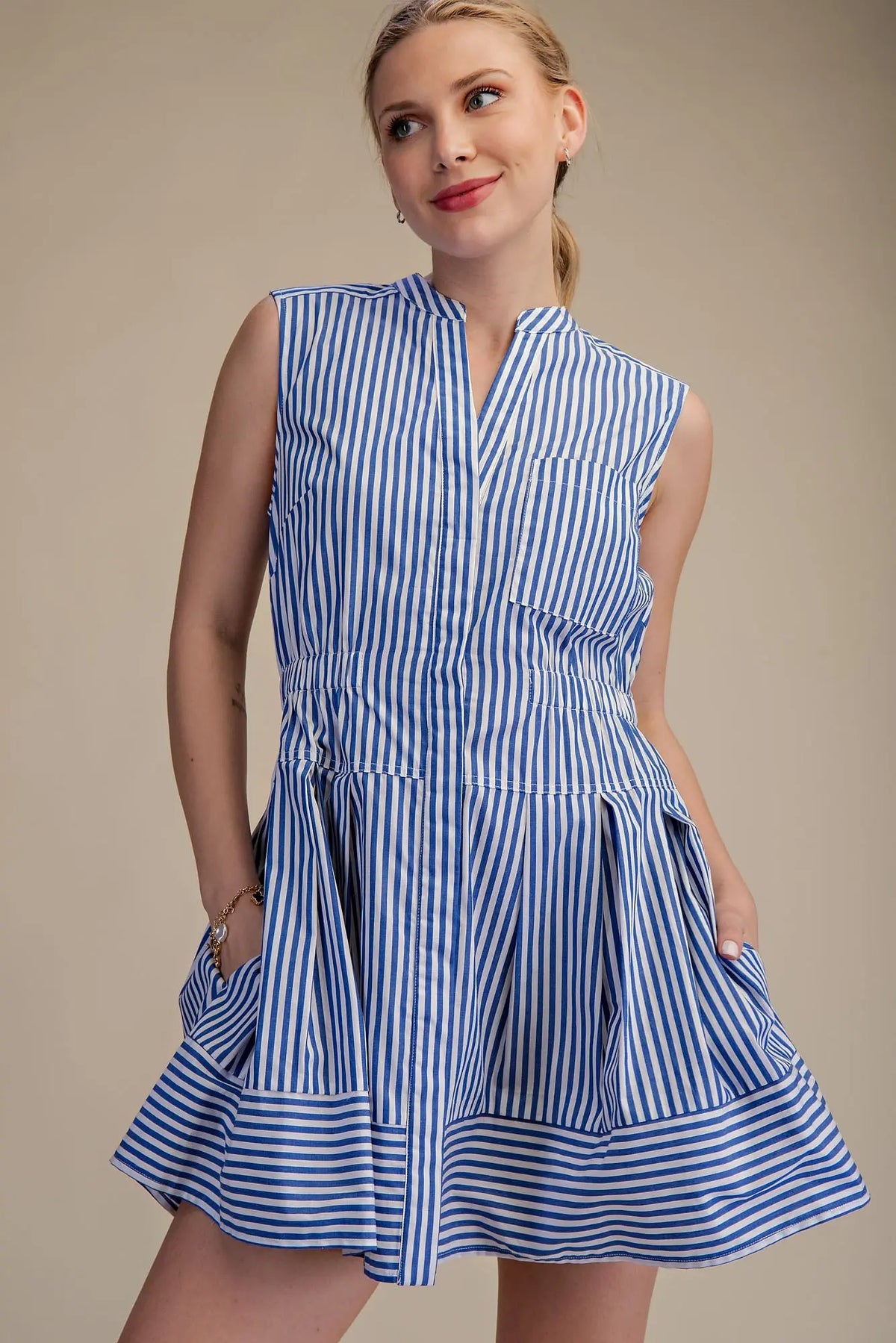 Blue Striped Fit and Flare Sleeveless Mini Dress - Kendry Collection Boutique
