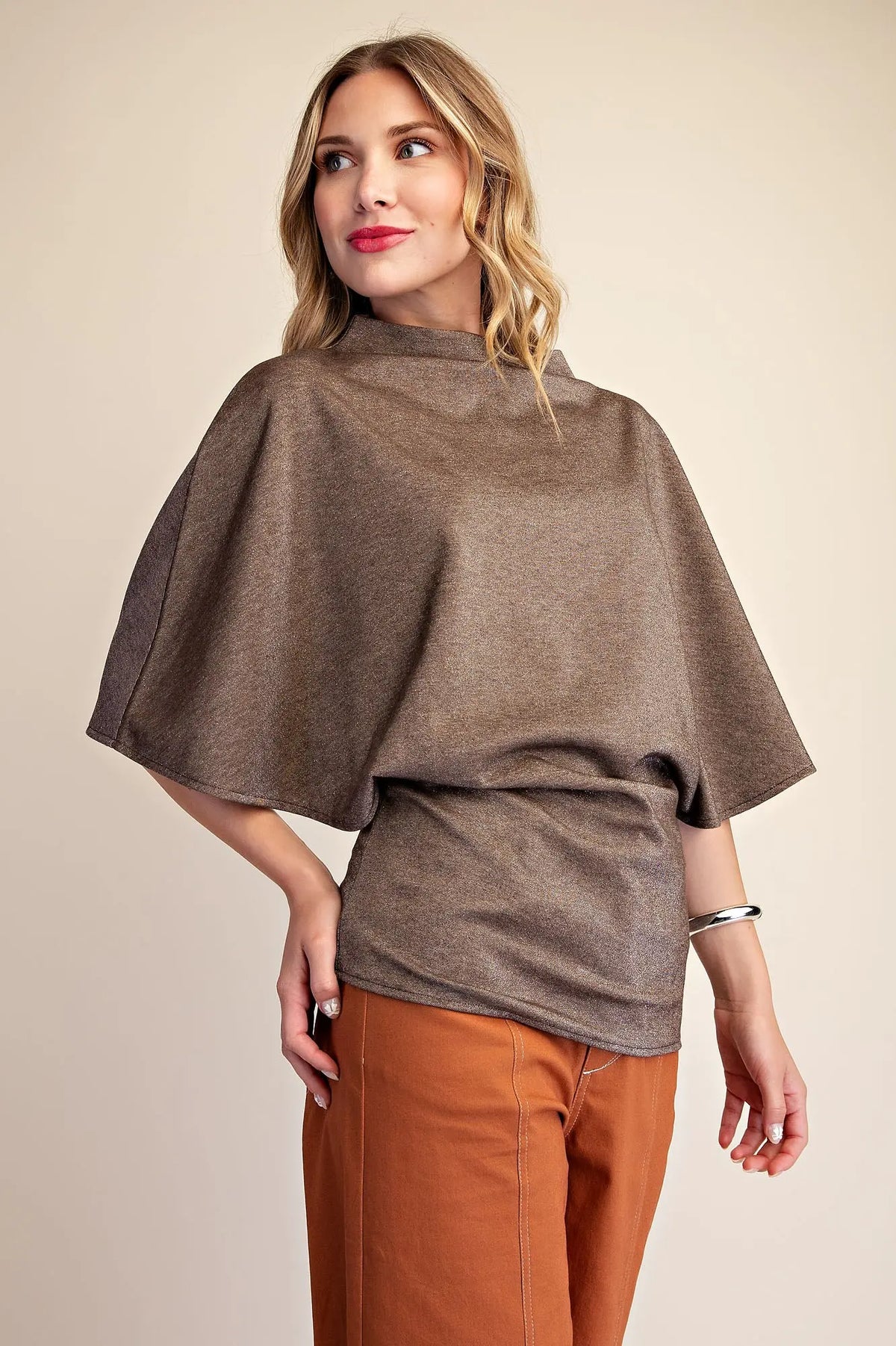 Bronze Metallic Asymmetric Draped Cape Top | Holiday Blouse