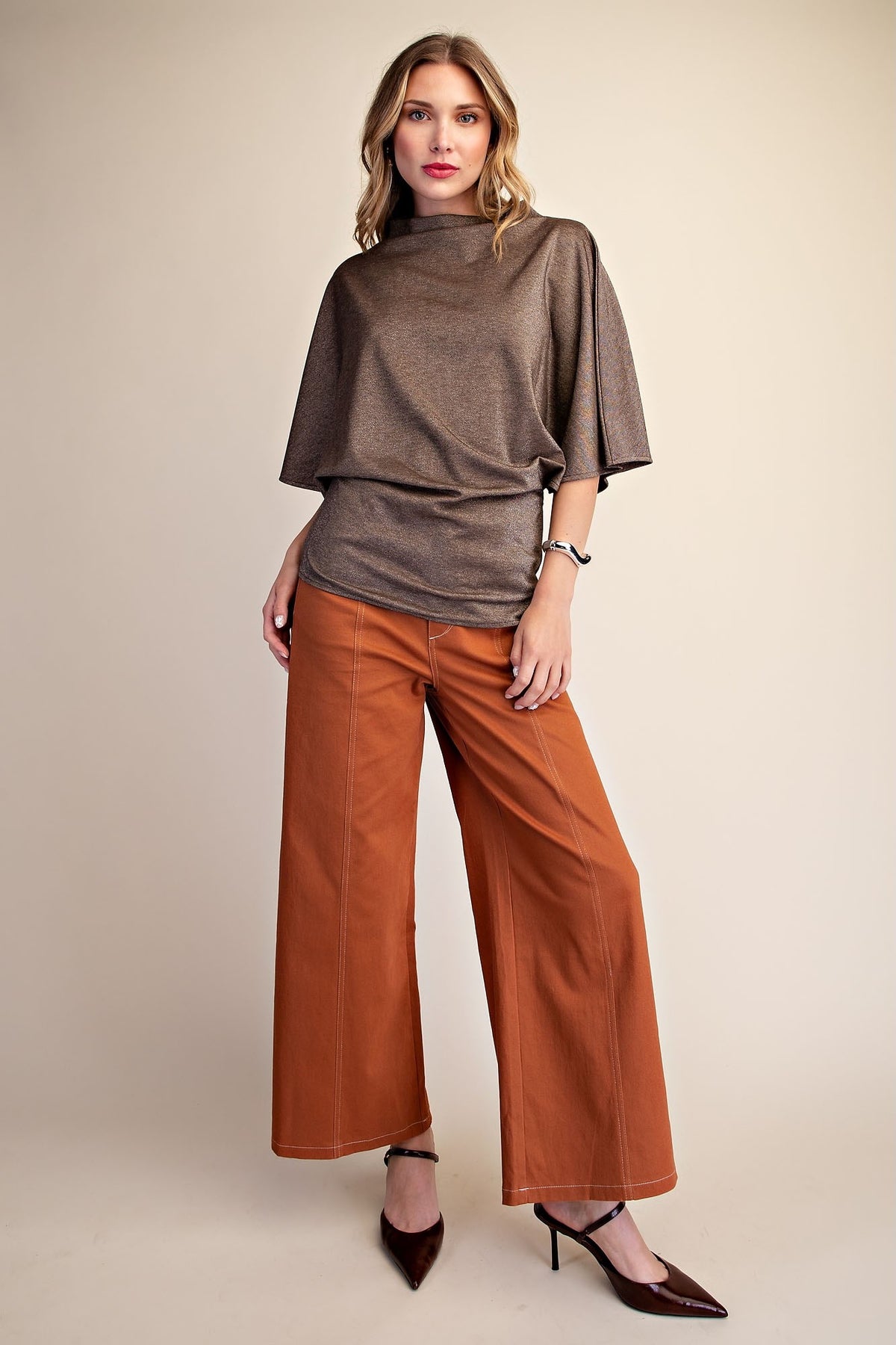 Bronze Metallic Asymmetric Draped Cape Top | Holiday Blouse
