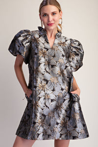 Grey Floral Ruffle V-Neck Mini Dress
