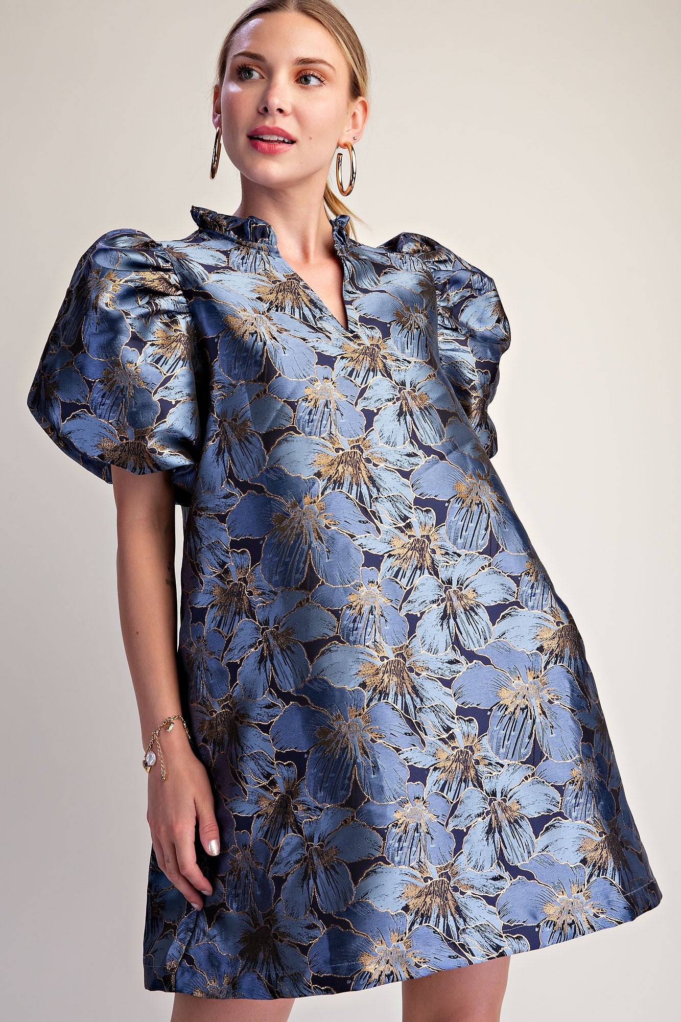 Royal Blue Floral Ruffle V-Neck Mini Dress