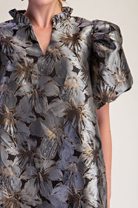 Grey Floral Ruffle V-Neck Mini Dress