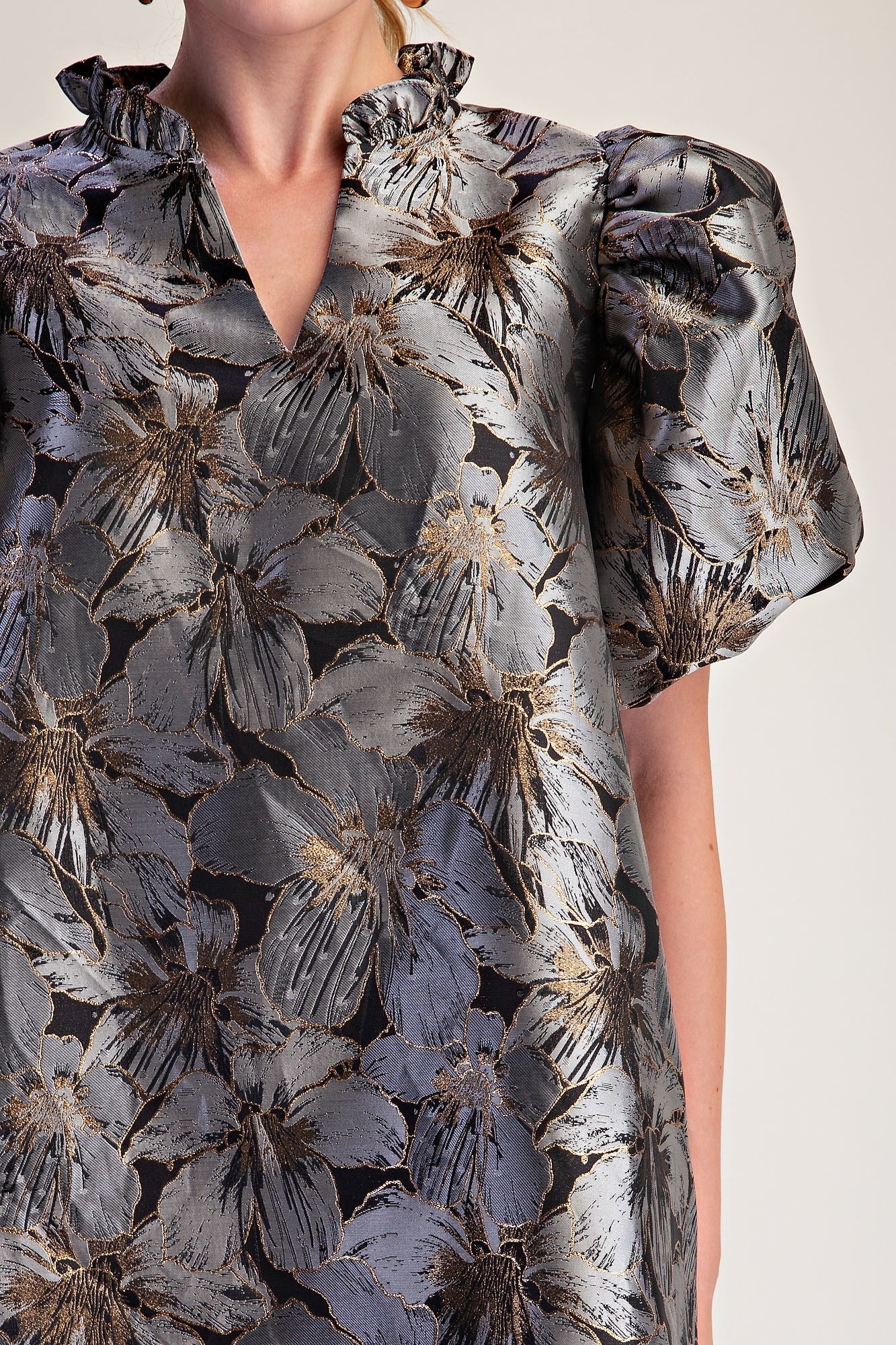 Grey Floral Ruffle V-Neck Mini Dress