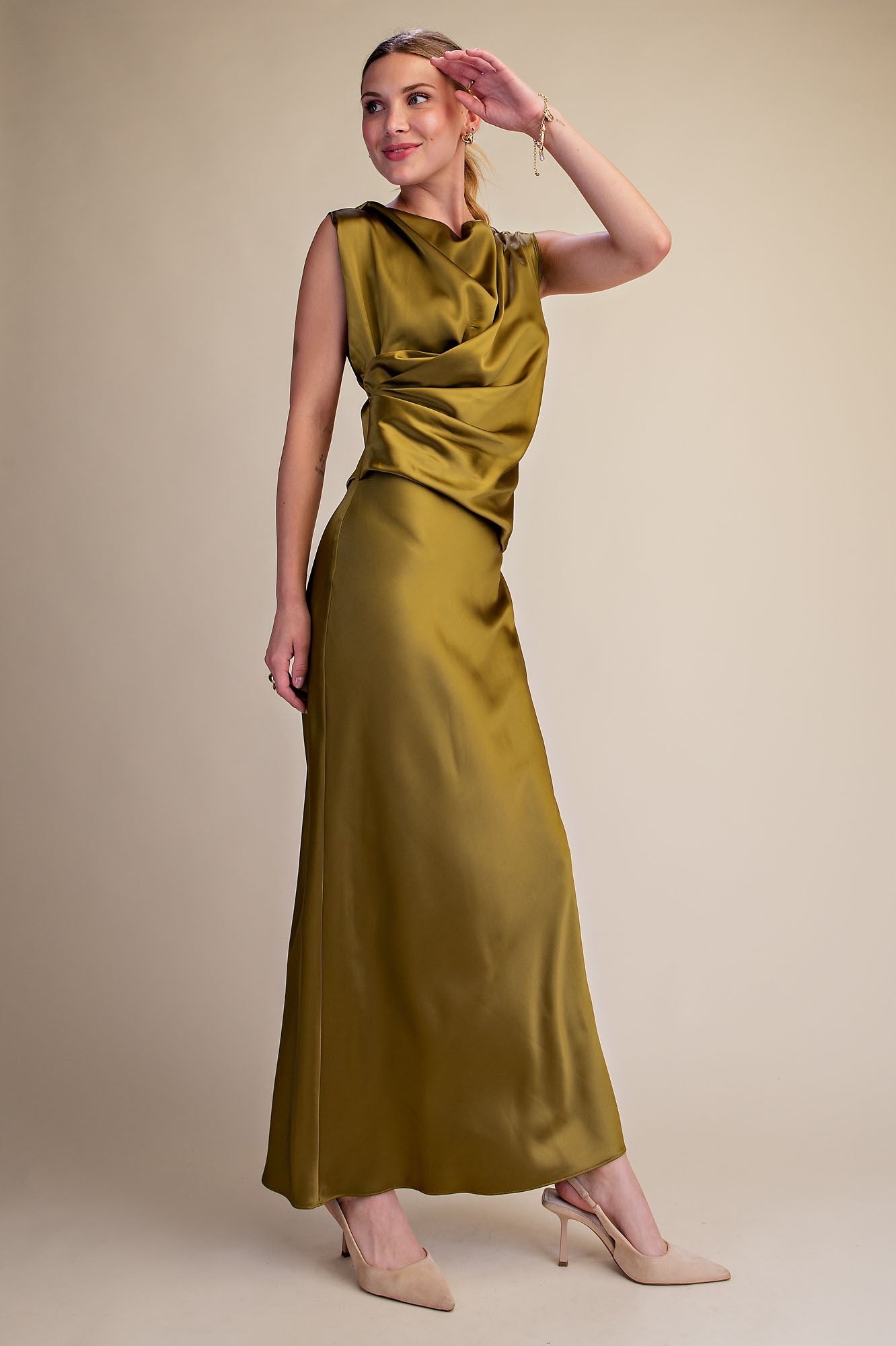 Olive Green Satin Cowl Neck Maxi Dress