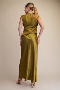 Olive Green Satin Cowl Neck Maxi Dress