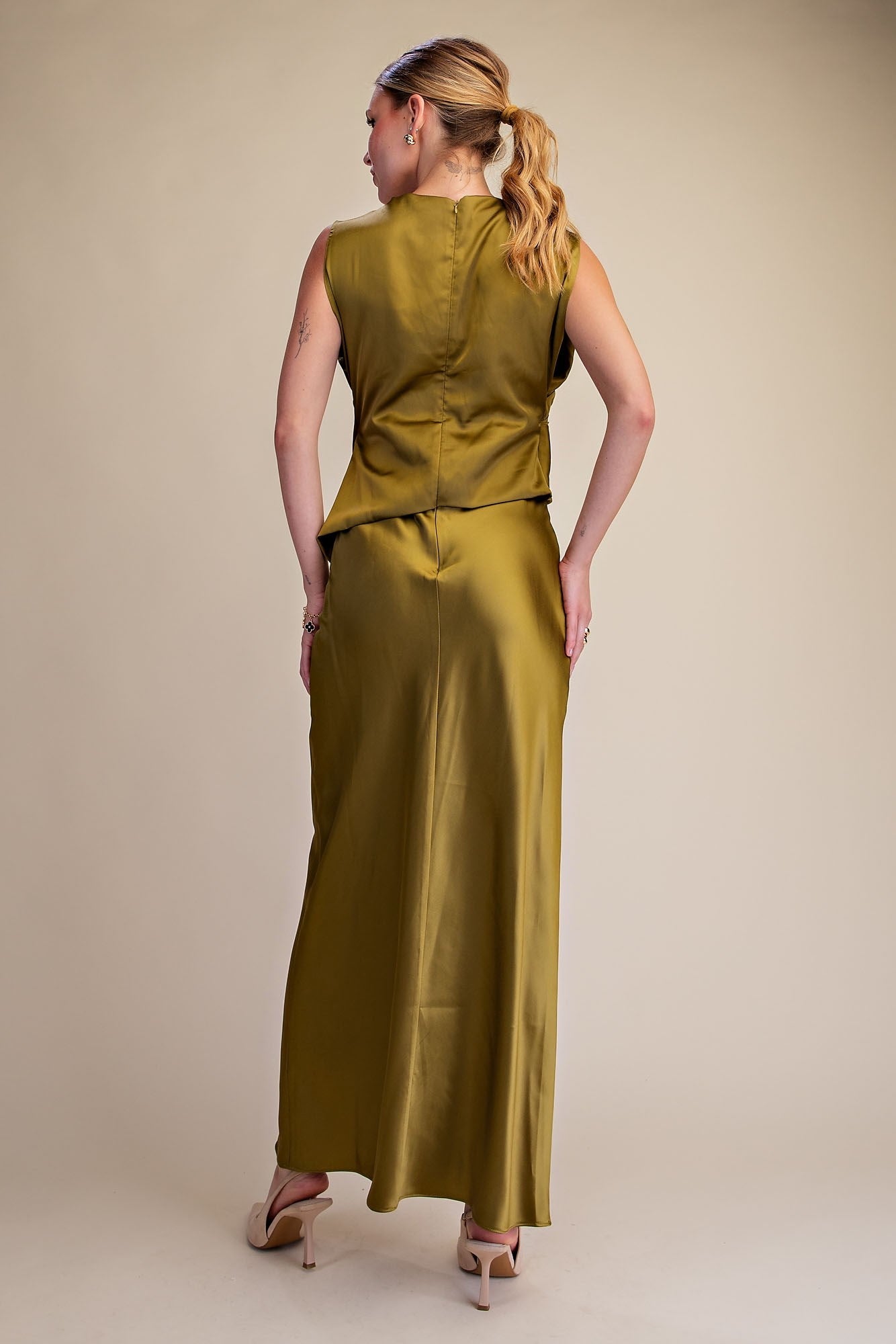 Olive Green Satin Cowl Neck Maxi Dress