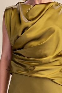 Olive Green Satin Cowl Neck Maxi Dress