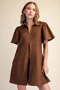 Brown Faux Suede Collared Front Pleat Mini Dress