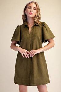 Olive Green Faux Suede Collared Front Pleat Mini Dress