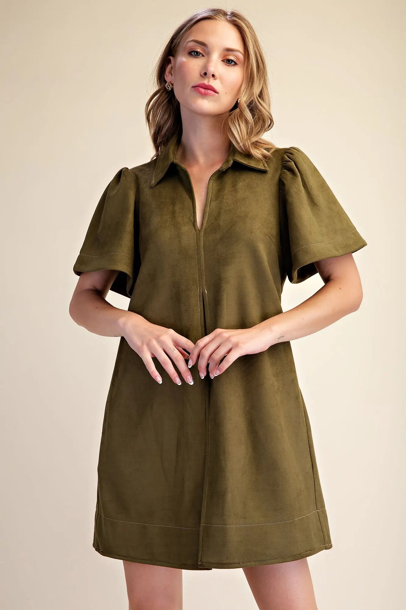 Olive Green Faux Suede Collared Front Pleat Mini Dress