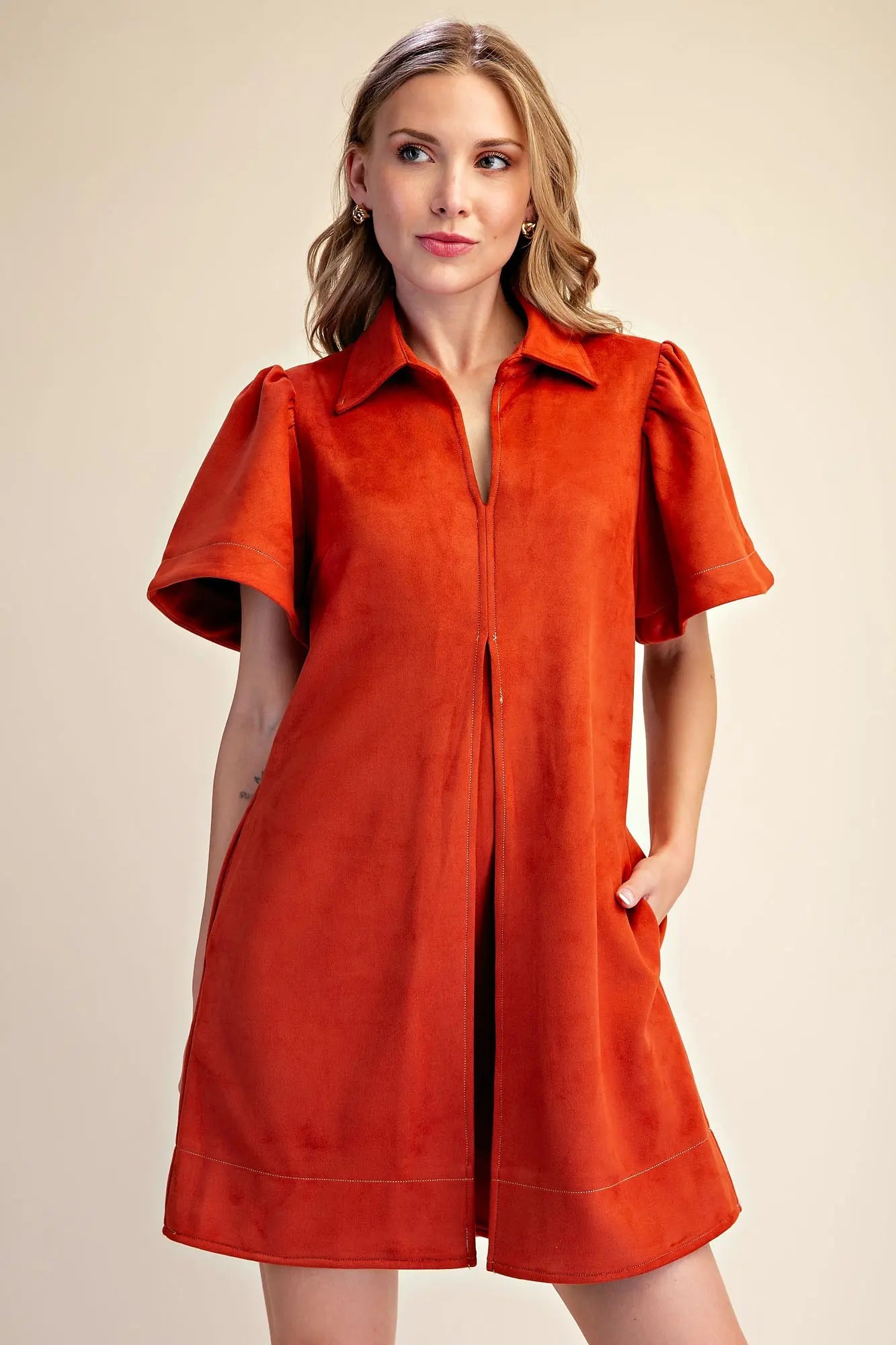 Orange Faux Suede Collared Front Pleat Mini Dress