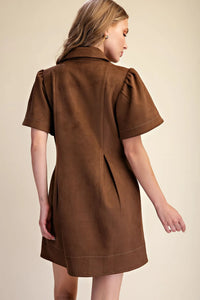 Brown Faux Suede Collared Front Pleat Mini Dress