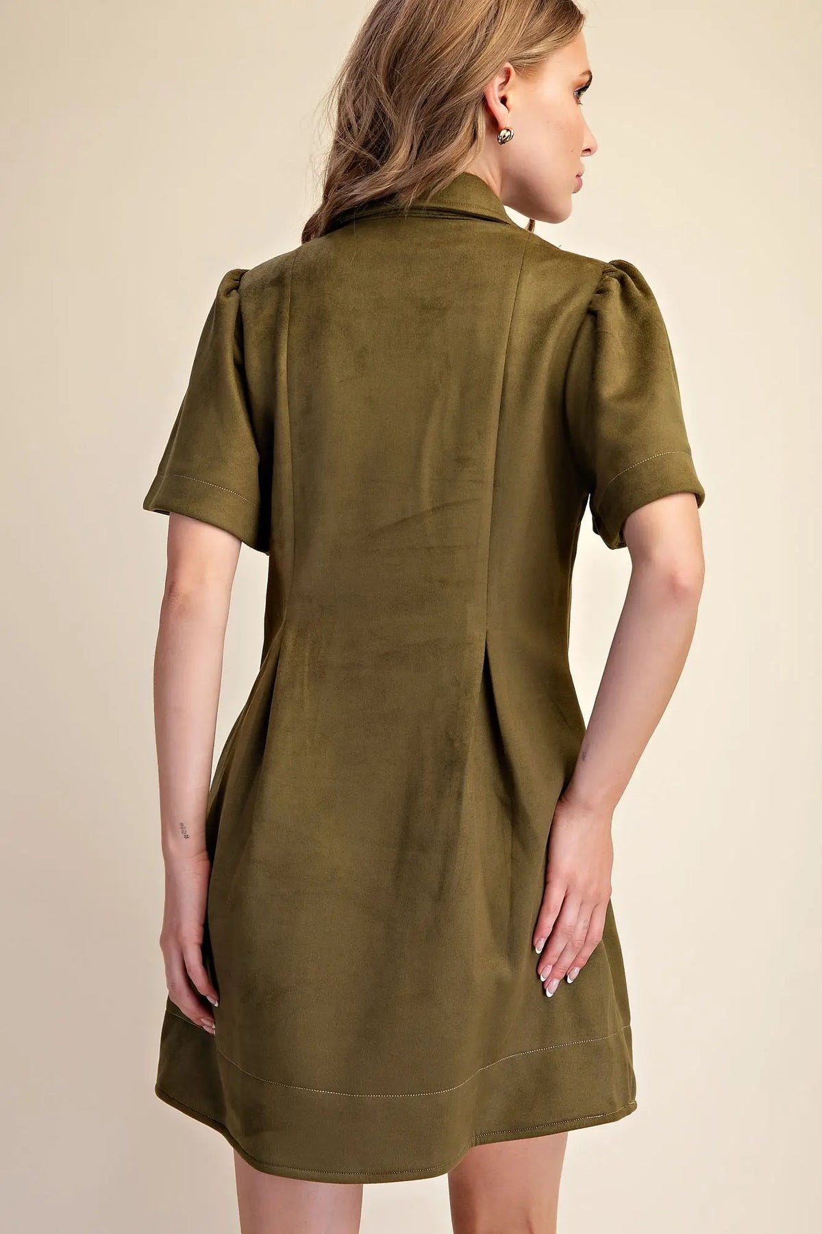 Olive Green Faux Suede Collared Front Pleat Mini Dress