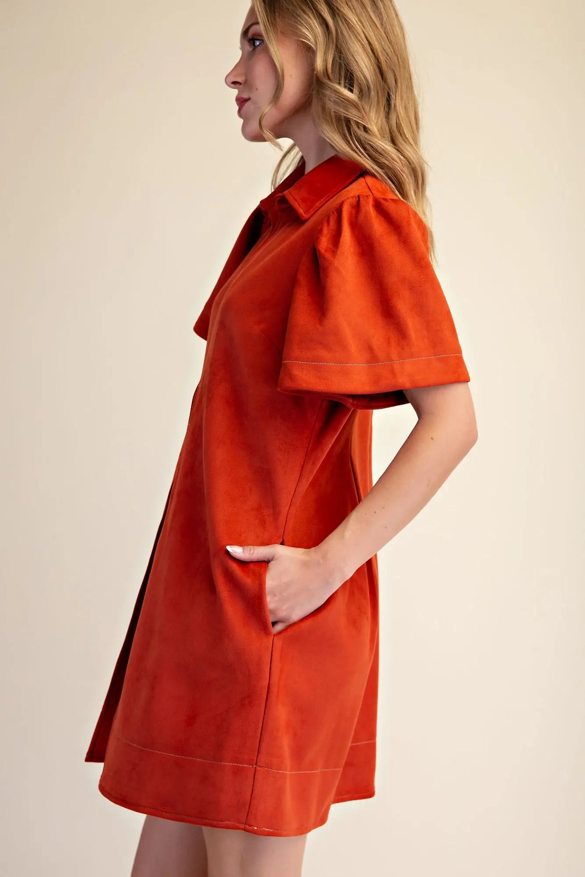 Orange Faux Suede Collared Front Pleat Mini Dress