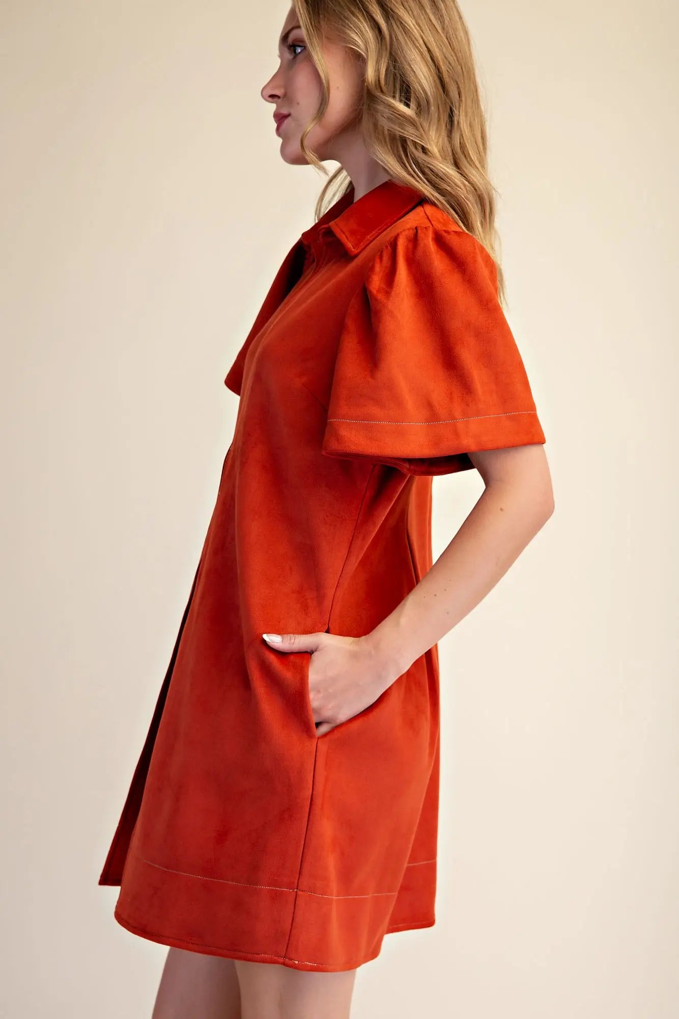 Orange Faux Suede Collared Front Pleat Mini Dress
