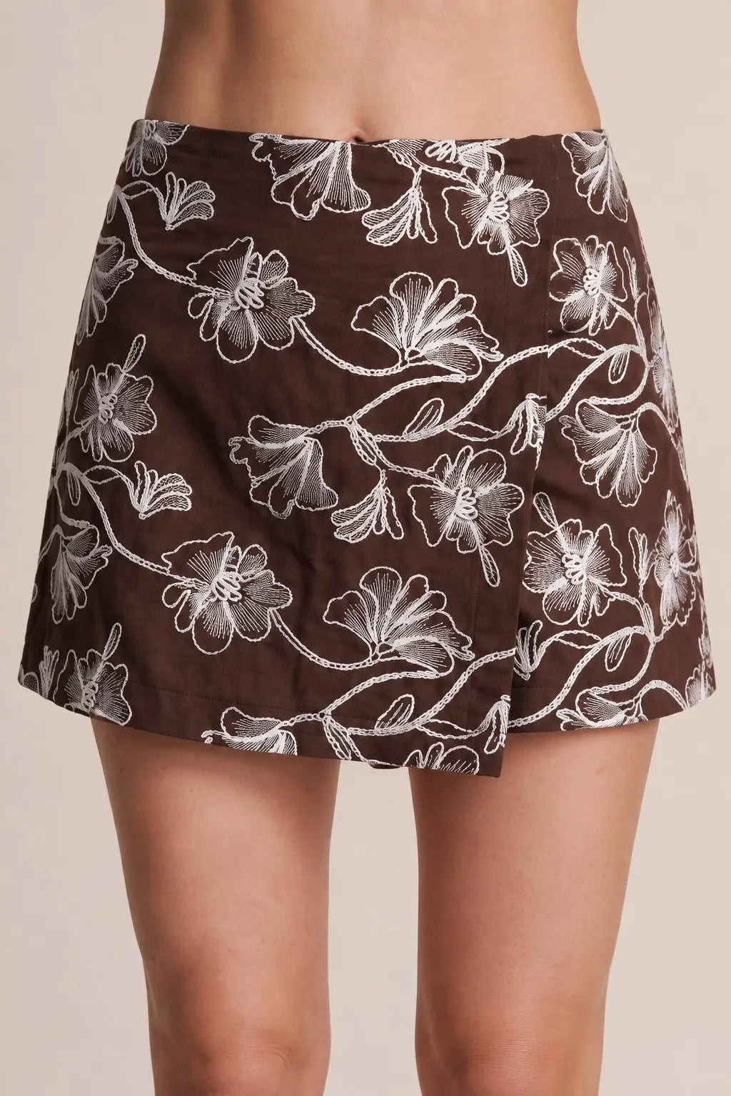 Brown Embroidered Floral Mini Skort
