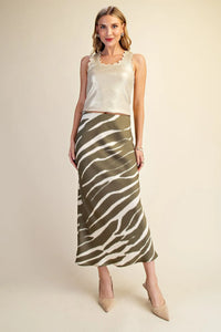 Green Tiger Print Satin Maxi Skirt