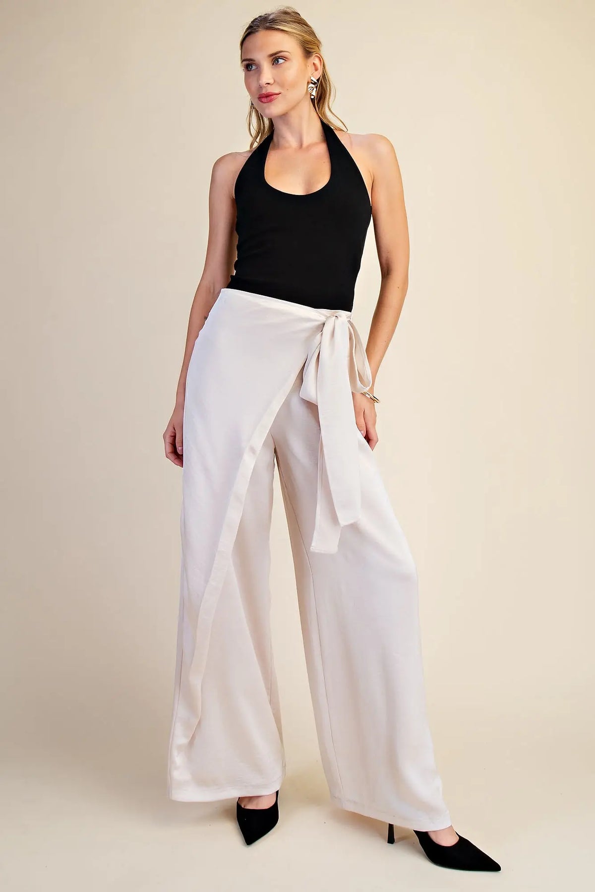 Cream Scarf Waist Wide Leg Trousers