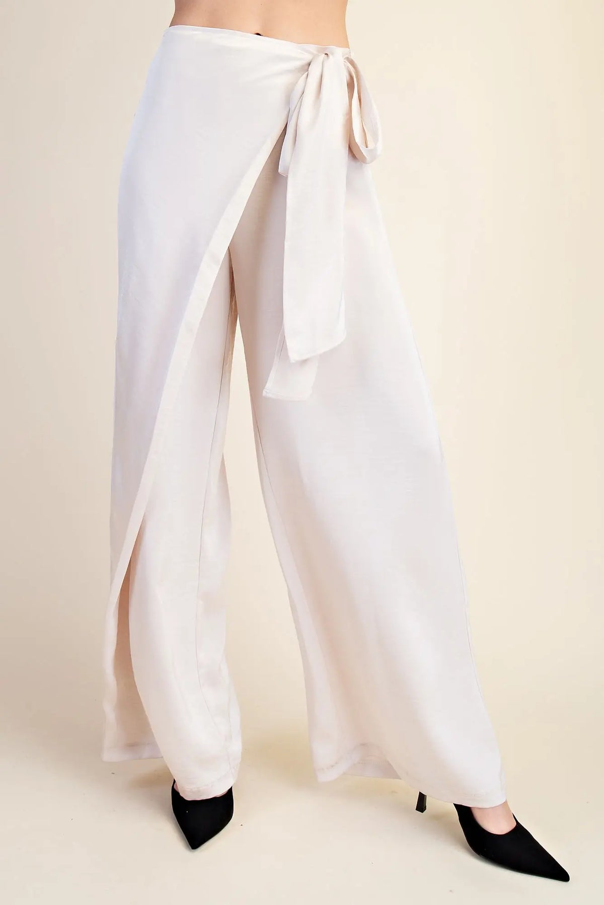 Cream Scarf Waist Wide Leg Trousers
