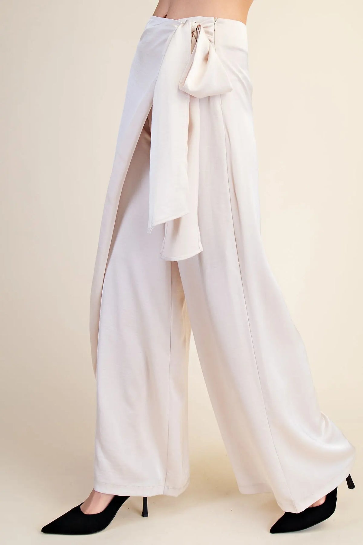 Cream Scarf Waist Wide Leg Trousers