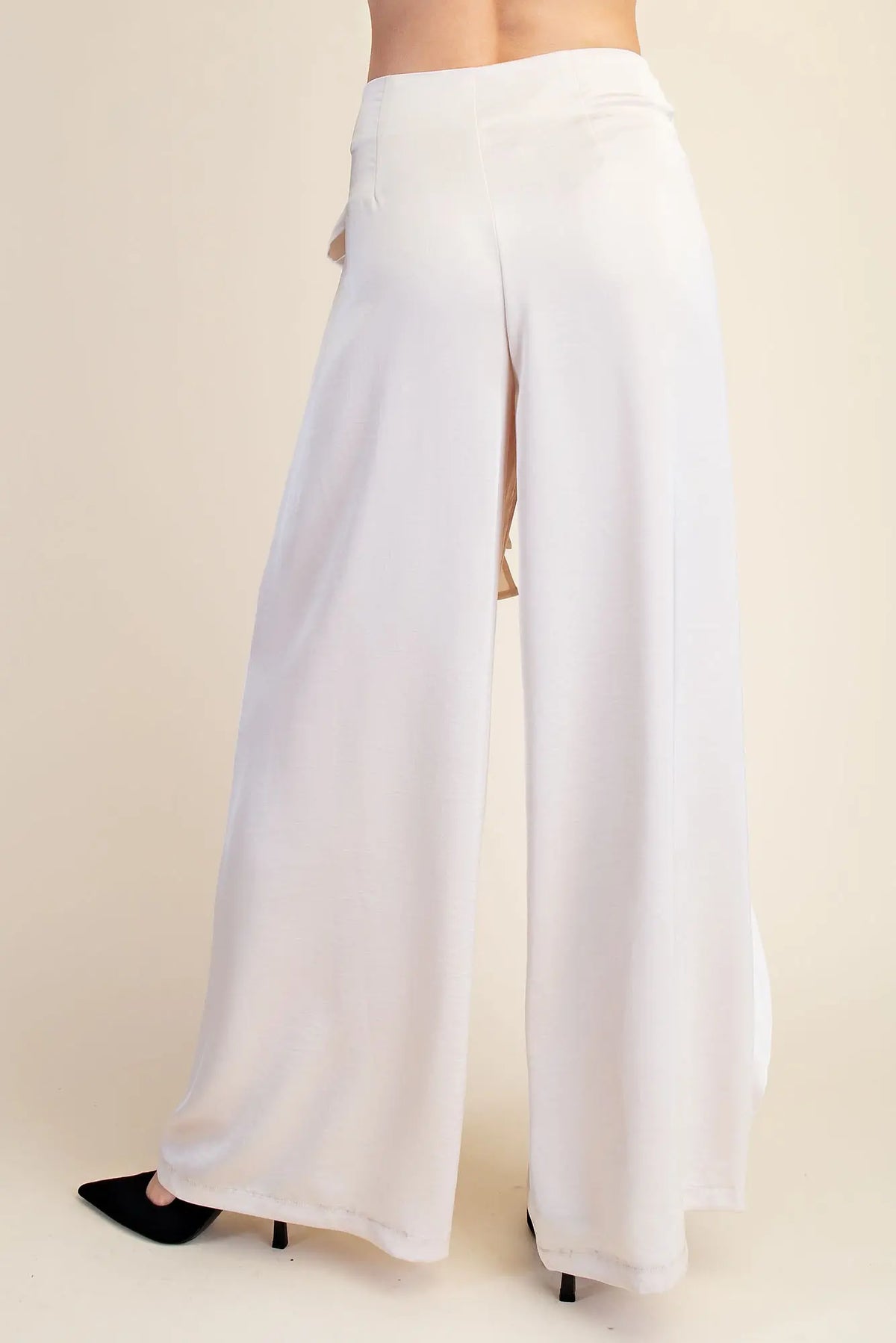 Cream Scarf Waist Wide Leg Trousers