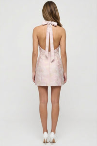Pink Metallic Floral Jacquard Halter Cutout Mini Dress