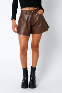 Brown Flare Faux Leather Shorts