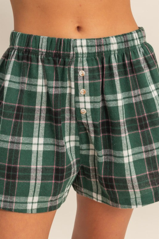Green Button Front Flannel Boxer Shorts