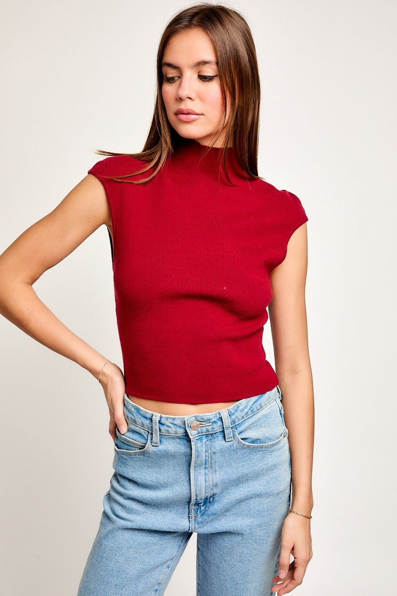 Burgundy Mock Neck Cap Sleeve Sweater Top