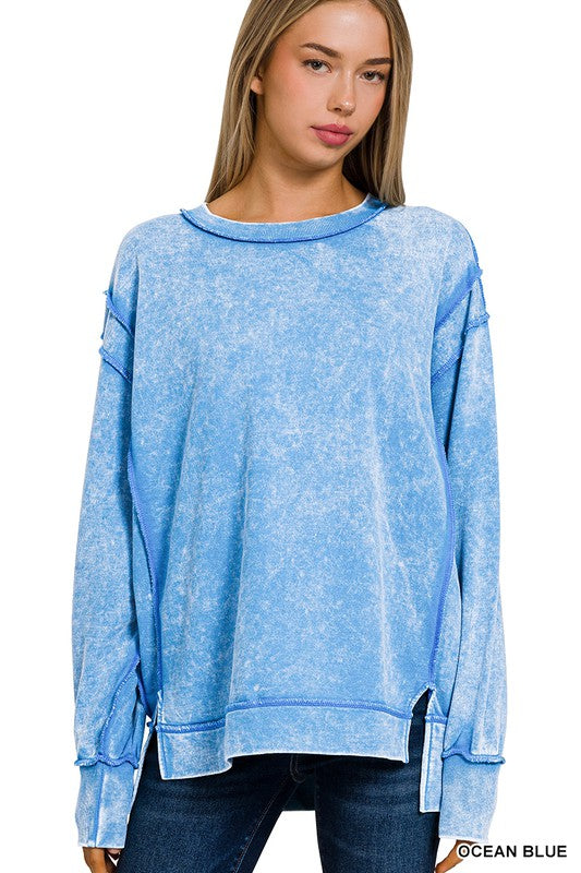 Blue Exposed Seam Acid Wash Fleece Sweatshirt