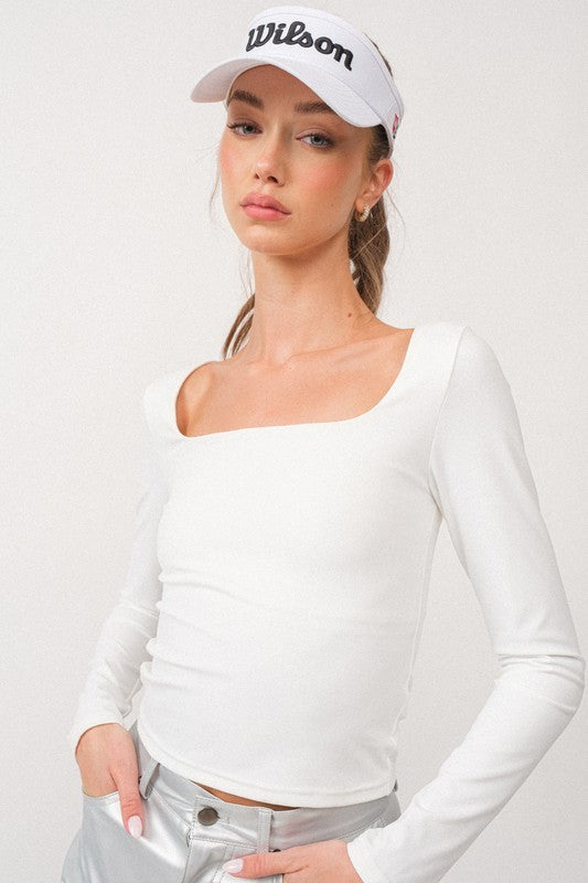 White Square Neck Long Sleeve Top