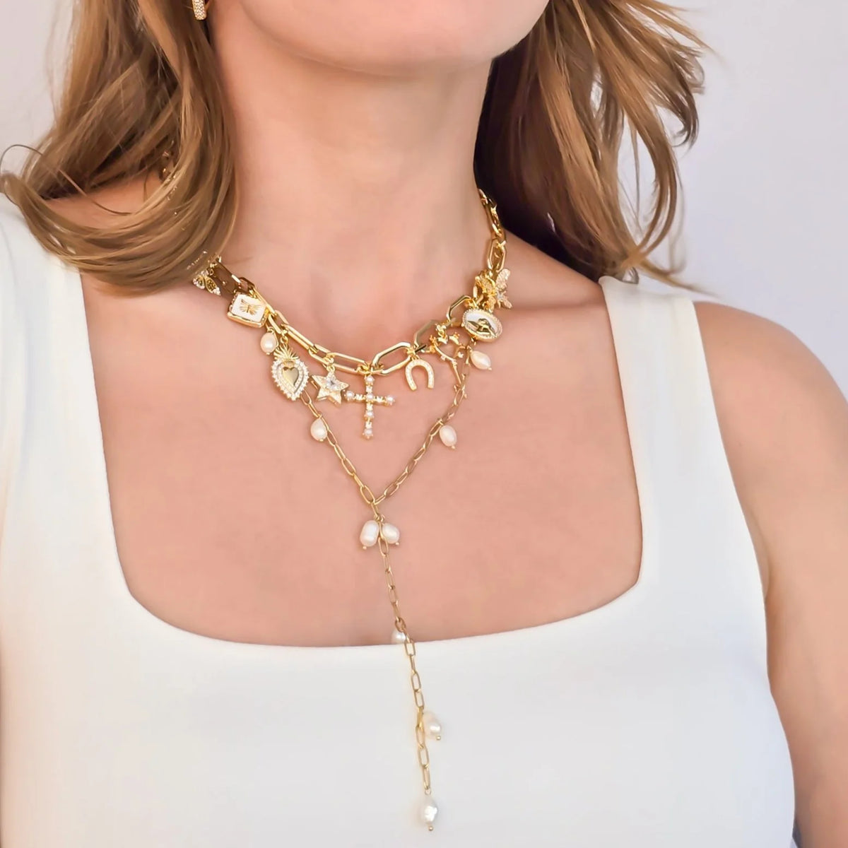 Freshwater Pearl Lariat Chain Necklace 18k Triple Gold Plated