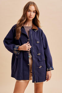 Navy Blue Plaid Lined Barn Jacket