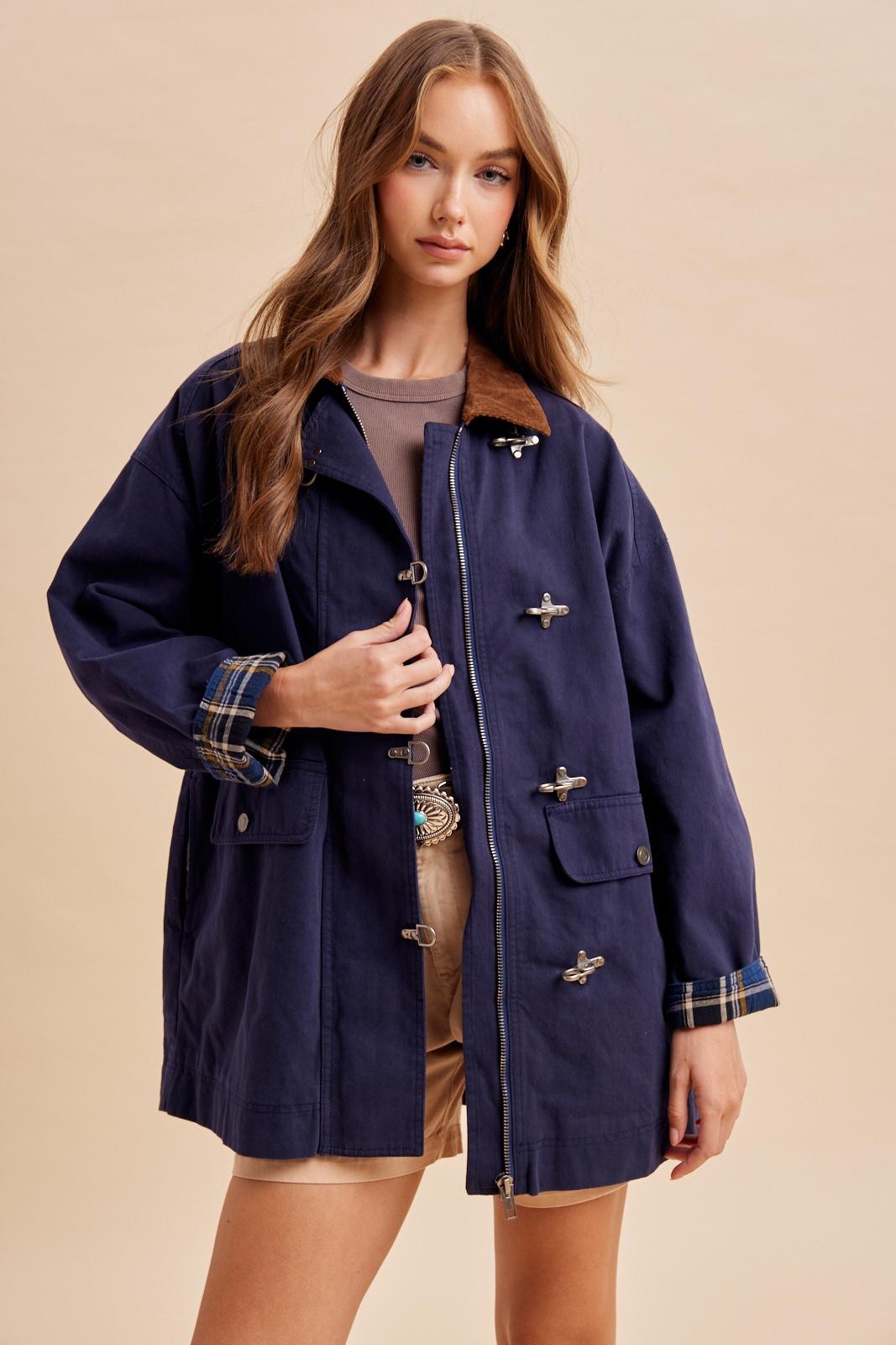 Navy Blue Plaid Lined Barn Jacket