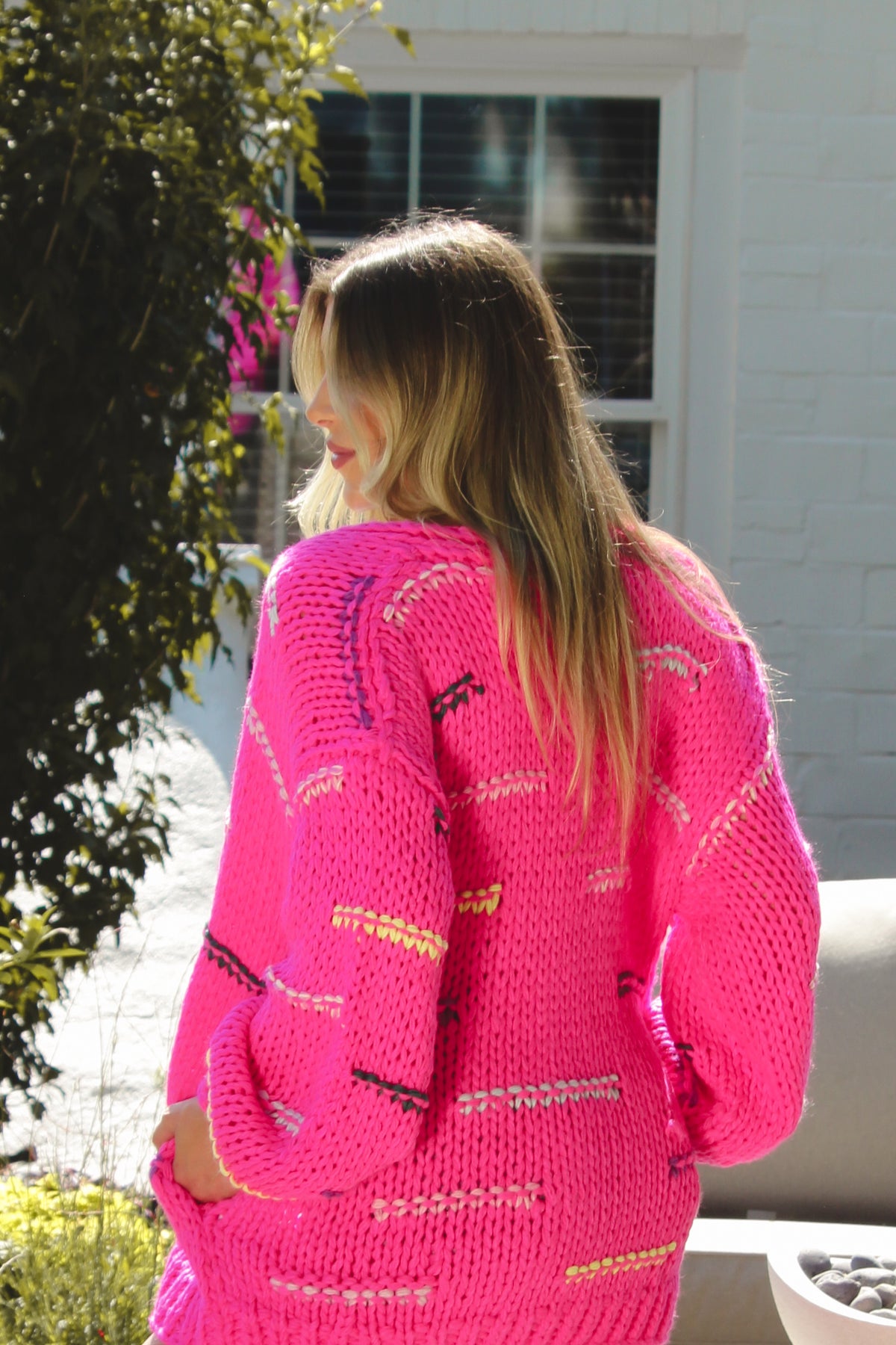 Hot Pink Multi Color Chunky Knit Cardigan