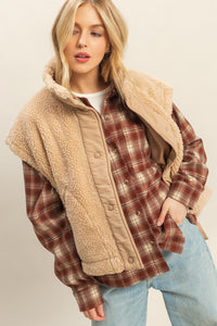 Beige Oversized Sherpa Button Up Vest