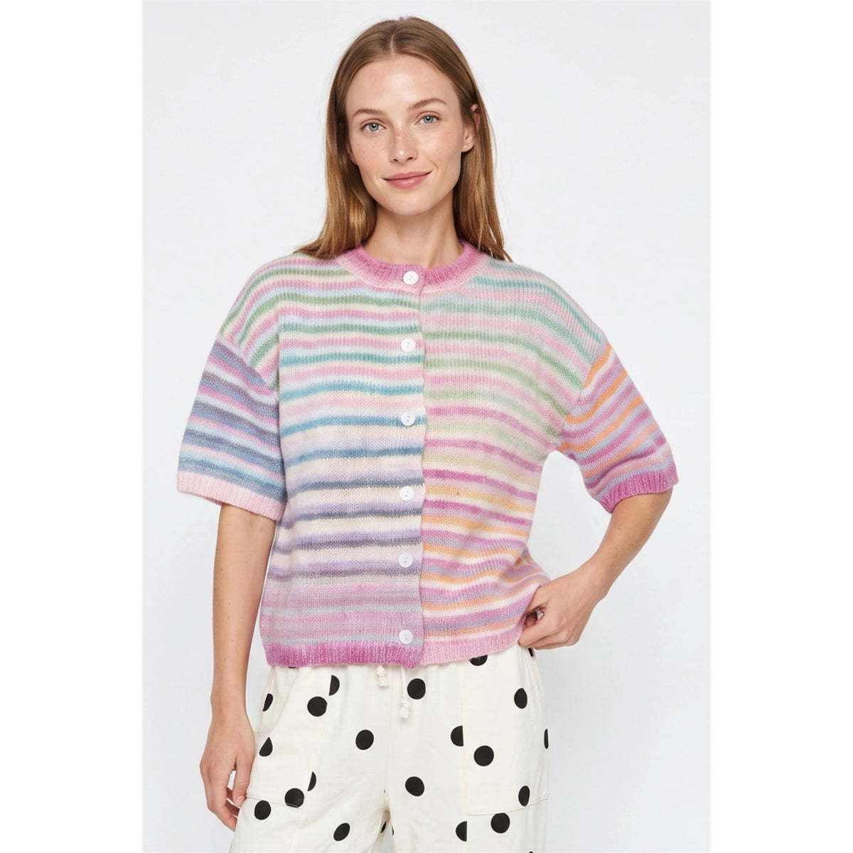 Rainbow Sherbet Space Dye Short Sleeve Knit Cardigan