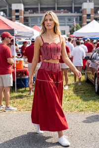 Embroidered Crop Top and Maxi Skirt Set - Red and White