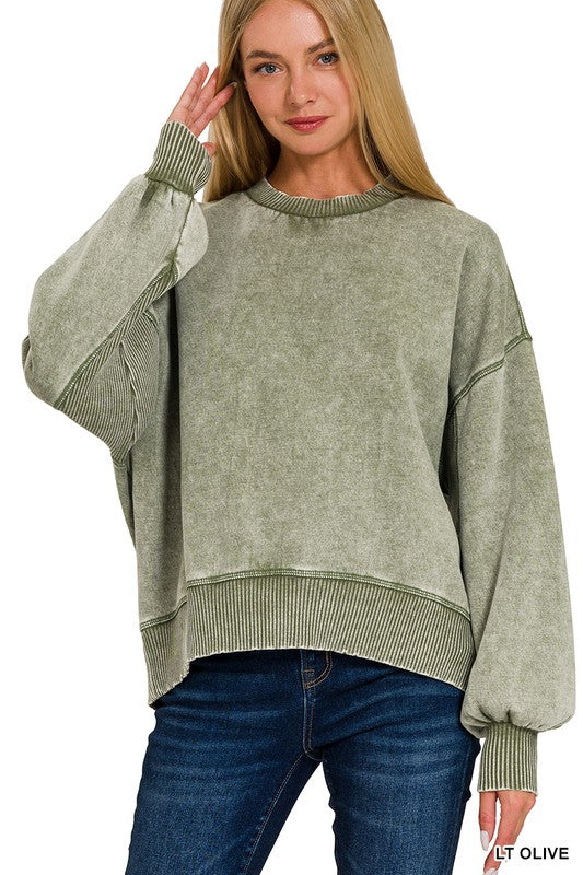 Green Acid Wash Fleece Sweatshirt