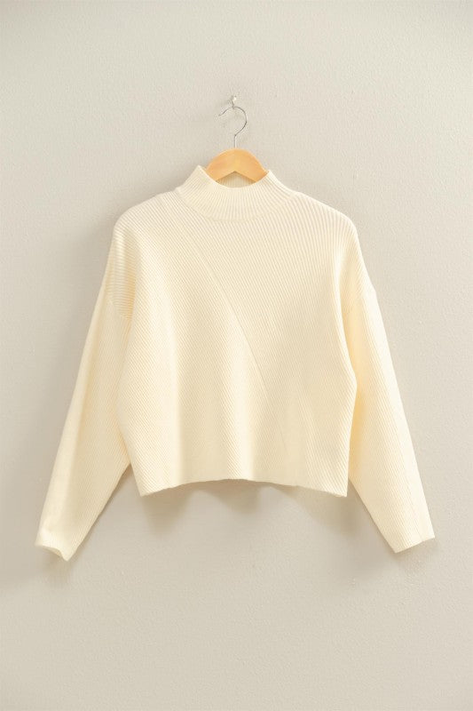 Cream Mock Neck Diagonal Ribbed Sweater