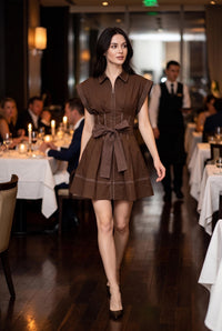 Chocolate Brown Contrast Stitch Zip Front Dress