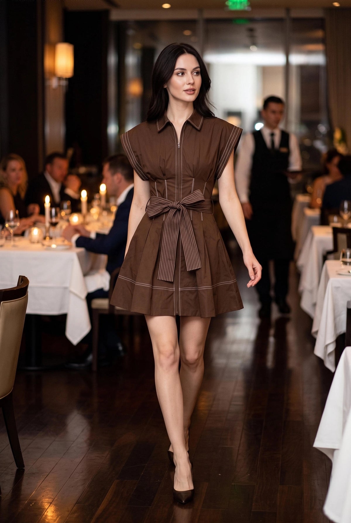 Chocolate Brown Contrast Stitch Zip Front Dress