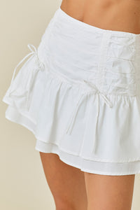 White Ruched Waist Bow Detail Mini Skort