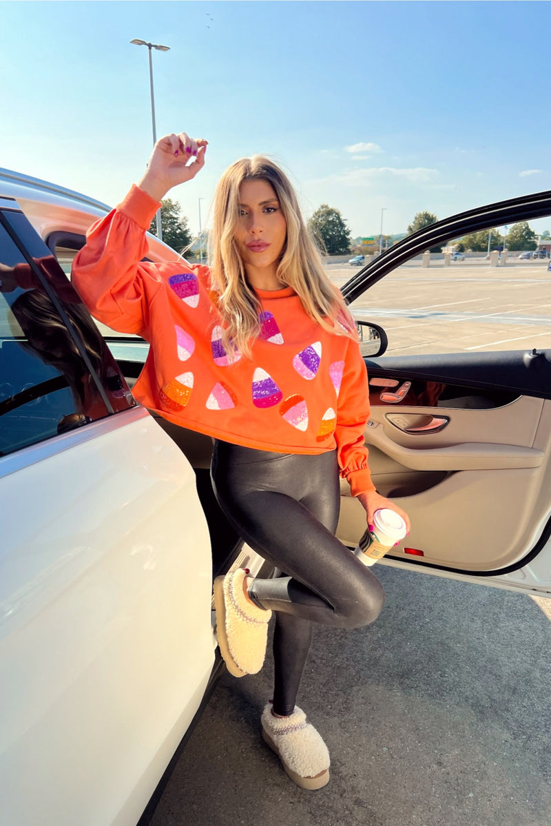 Orange Candy Corn Sequin Patch Cropped T-Shirt