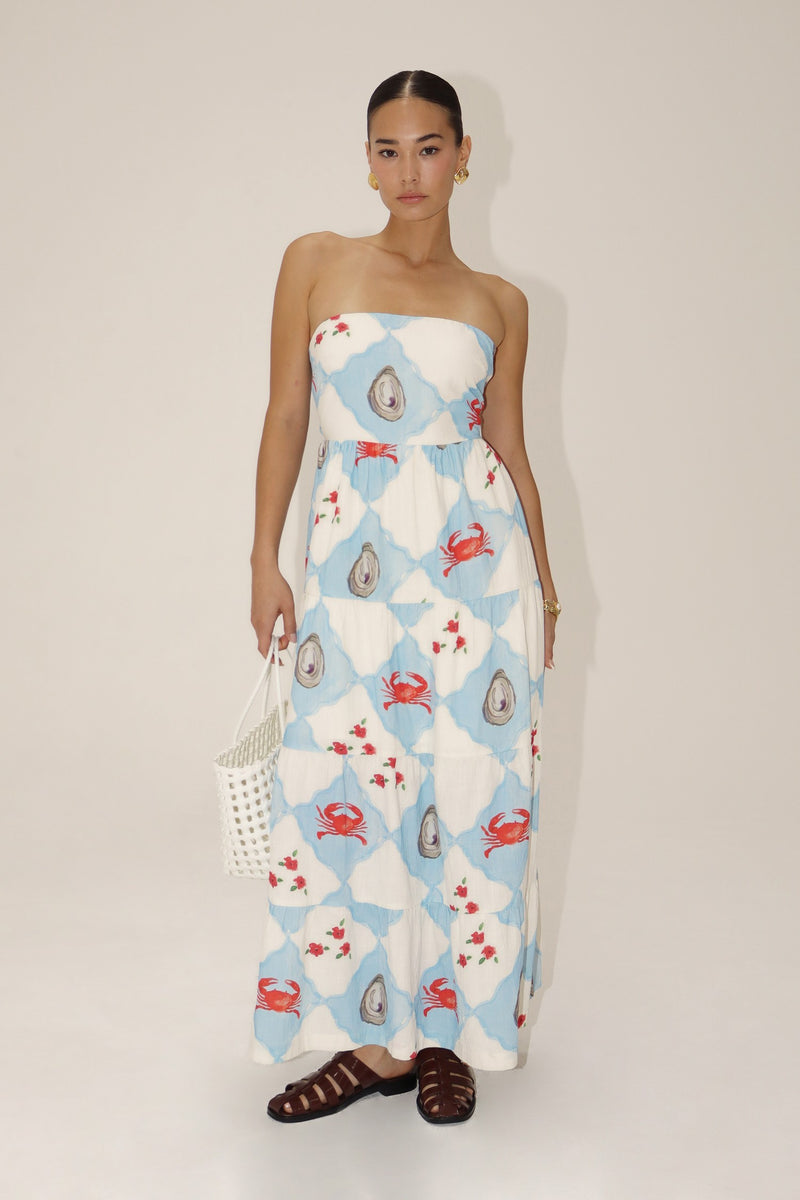 Blue Coastal Crab Tube Maxi Dress