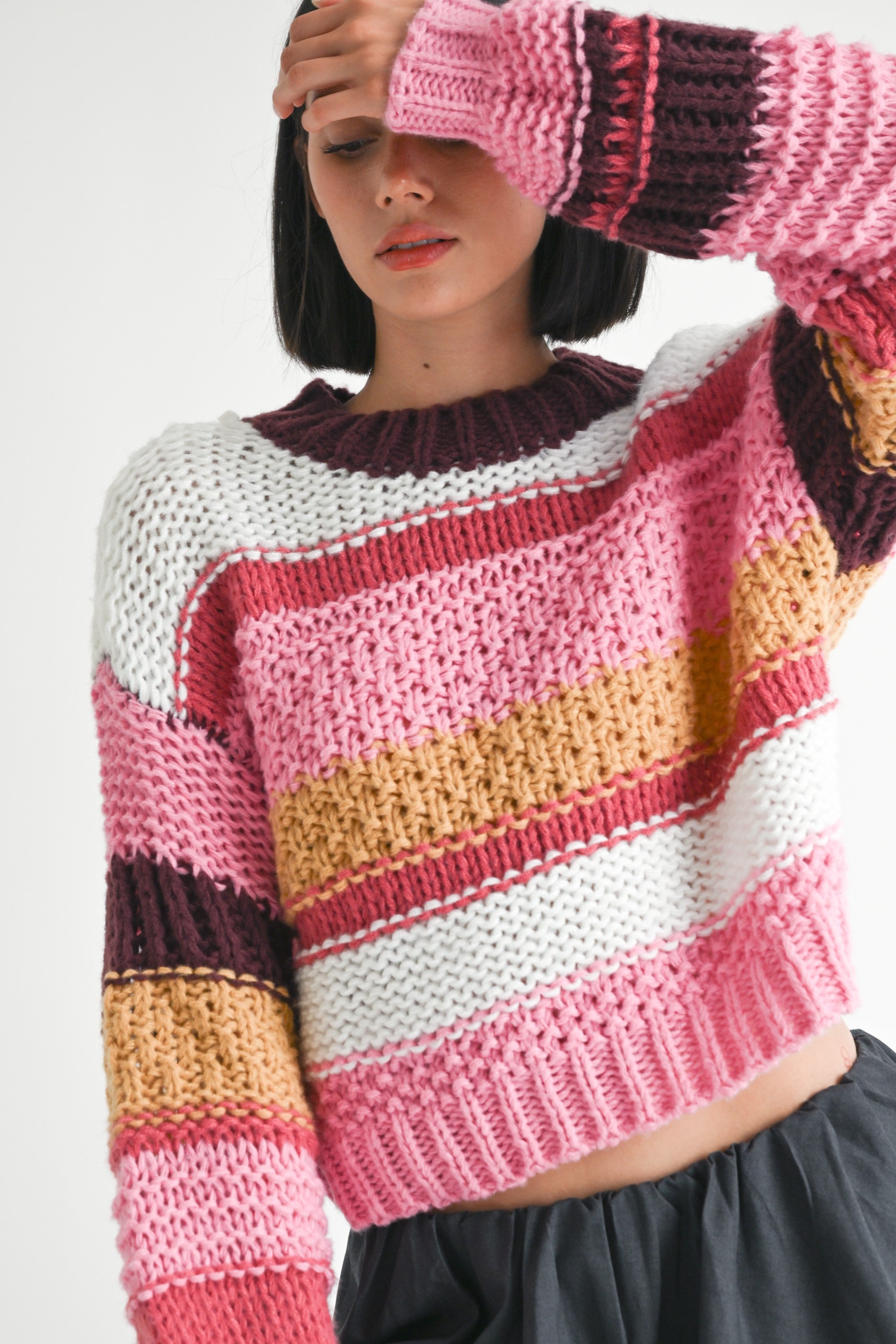 Burgundy and Pink Color Block Chunky Knit Sweater