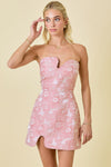 Pink Jacquard Floral Wavy Cutout Mini Dress