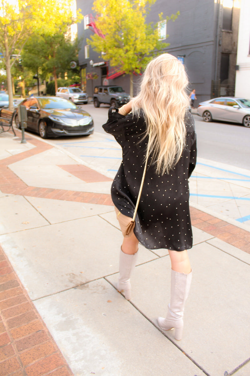 Black Rhinestone Satin Shirt Dress
